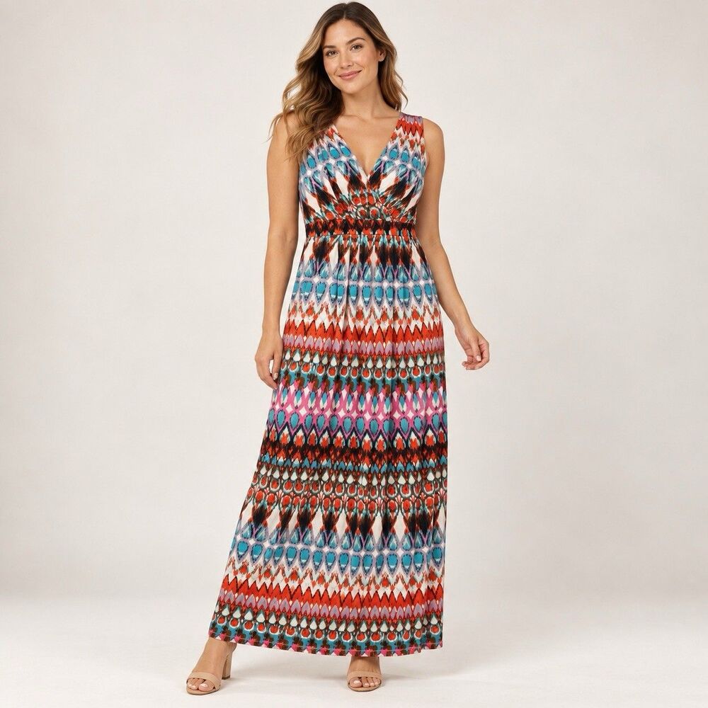 New Directions Women’s XL Multicolor Geometric V-Neck Sleeveless Maxi Dress